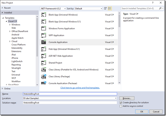 Visual Studio New Console Application Dialog